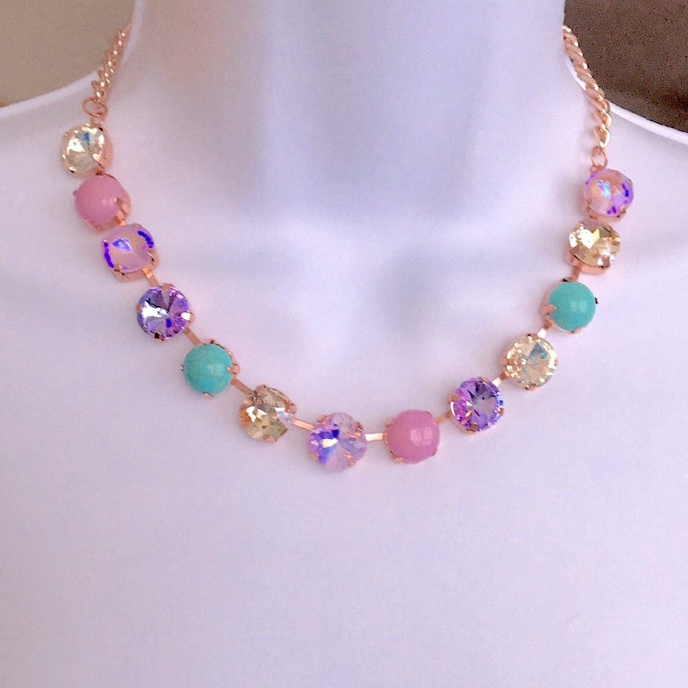 Turquoise, Violet Purple,Pink +Champagne Topaz Rose Gold Crystal Tennis Necklace - Picture 4 of 13